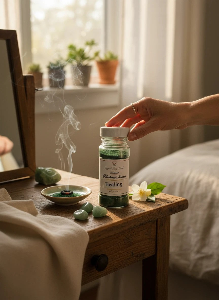 My Store Crystal Fairy Patch Healing Powdered Incense in a plastic container, with smoke rising from a small dish.