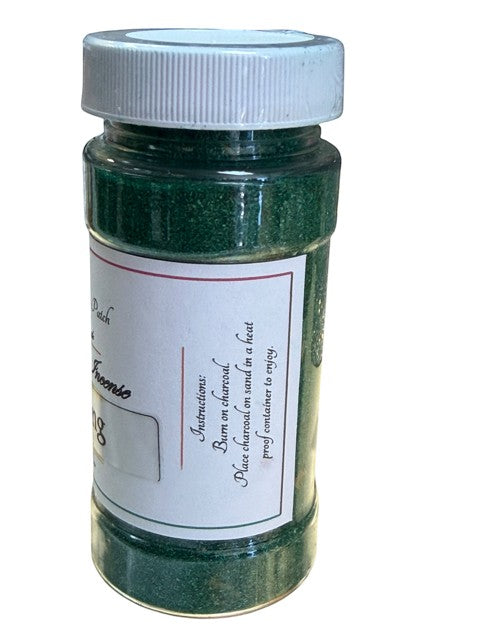 My Store Crystal Fairy Patch Healing Powdered Incense in a clear plastic container with a white lid. Green granular incense.