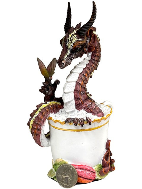 My Store Hot Chocolate Dragon Figurine by Stanley Morrison, brown and white dragon coiled in teacup with butterfly.