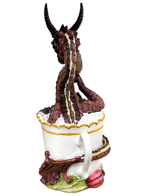 My Store Drinks and Dragons Series Hot Chocolate Dragon Figurine, brown dragon coiled in white teacup with gold trim and rose base.