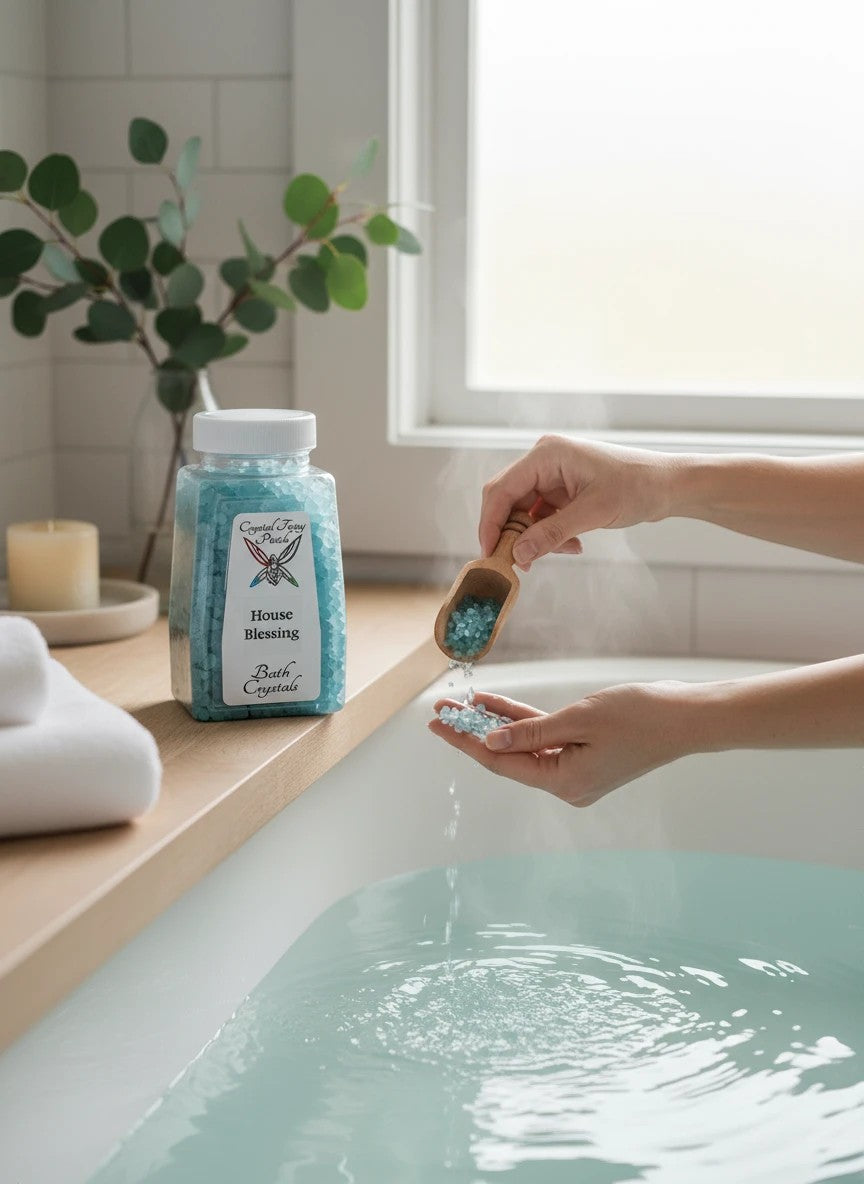 My Store blue Crystal Fairy Patch House Blessing bath salts being poured into a bathtub for a calming ritual.
