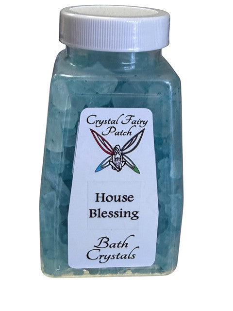 My Store blue bath crystals in a clear jar, labeled Crystal Fairy Patch House Blessing Bath Crystals.