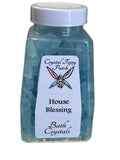 My Store blue bath crystals in a clear jar, labeled Crystal Fairy Patch House Blessing Bath Crystals.