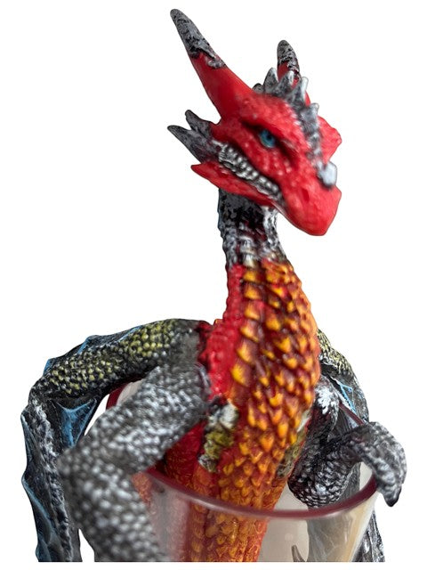 My Store Drinks and Dragons Long Island Iced Tea dragon figurine, red and black with blue eyes, holding a glass.