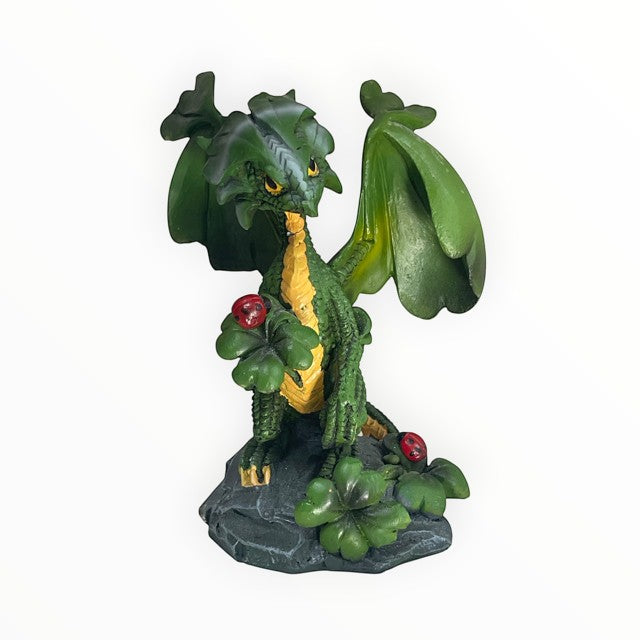 My Store Green Thumb Garden Fruits Series Lucky Clover Dragon figurine by Stanley Morrison. Green dragon with yellow accents on a rock with clovers and ladybugs.