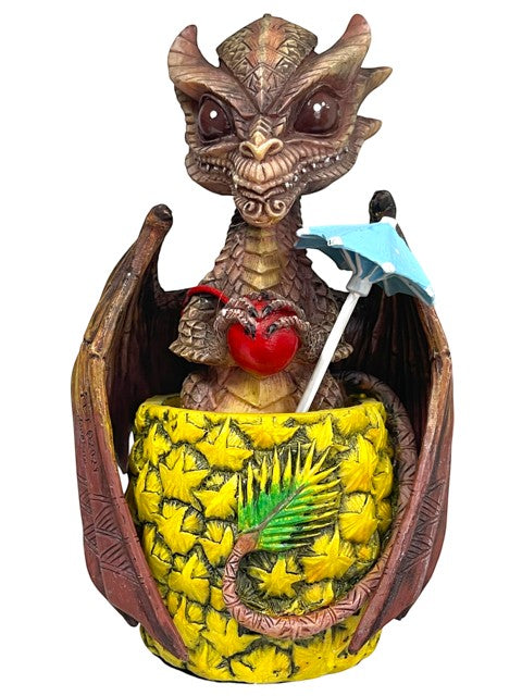 My Store Mai Tai Dragon figurine holding a red apple and a blue umbrella, seated in a pineapple cup.