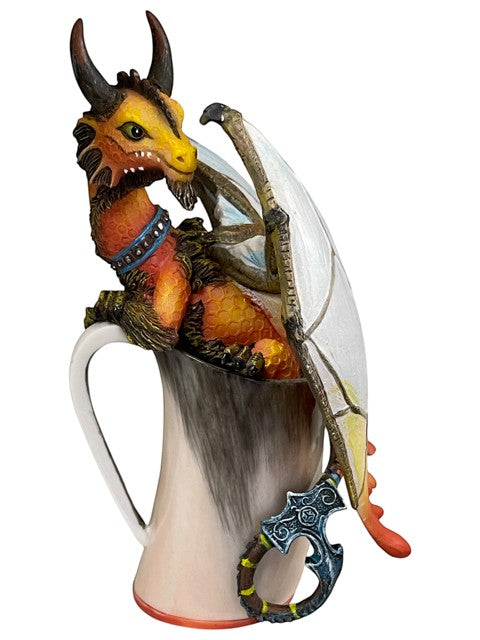 My Store "Mead Dragon" figurine by Stanley Morrison, a fantasy creature with orange scales, yellow face, and translucent wings, sitting in a mug.