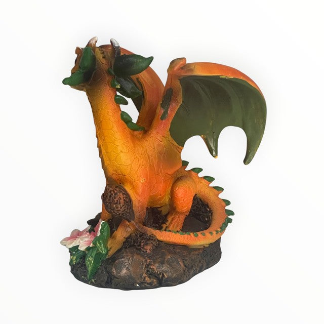 My Store Green Thumb Garden Fruits Series "Peach Dragon" figurine by Stanley Morrison. Orange dragon with green under wings and leaves, sitting on a rock with flowers.