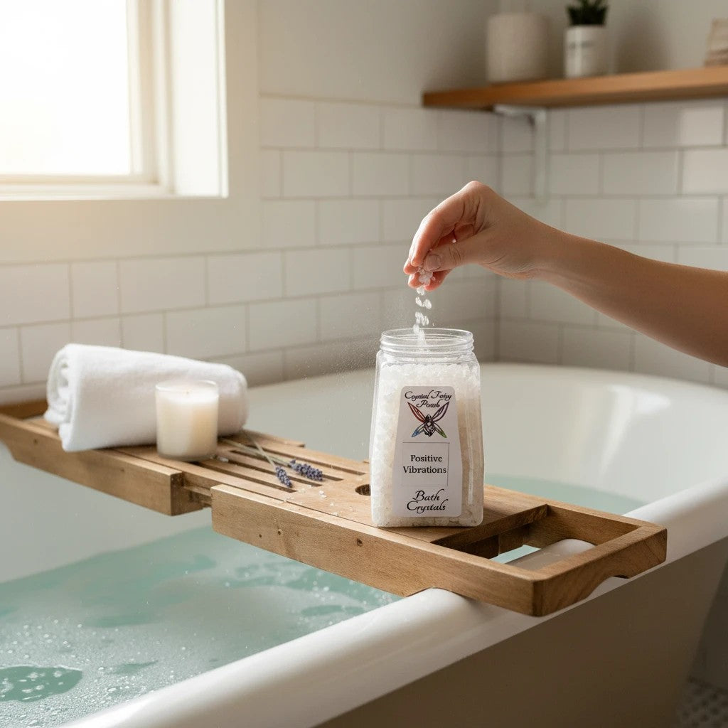 My Store Crystal Fairy Patch Positive Vibrations Bath Salts being sprinkled into a bath. Includes lavender and a candle.