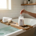 My Store Crystal Fairy Patch Positive Vibrations Bath Salts being sprinkled into a bath. Includes lavender and a candle.