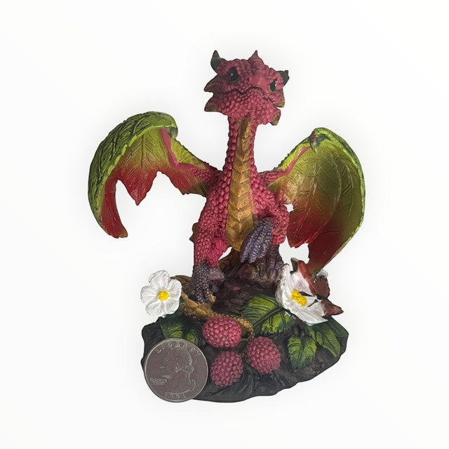My Store Green Thumb Garden Raspberry Dragon figurine with red and green wings, detailed scales, and surrounded by raspberries and white flowers.