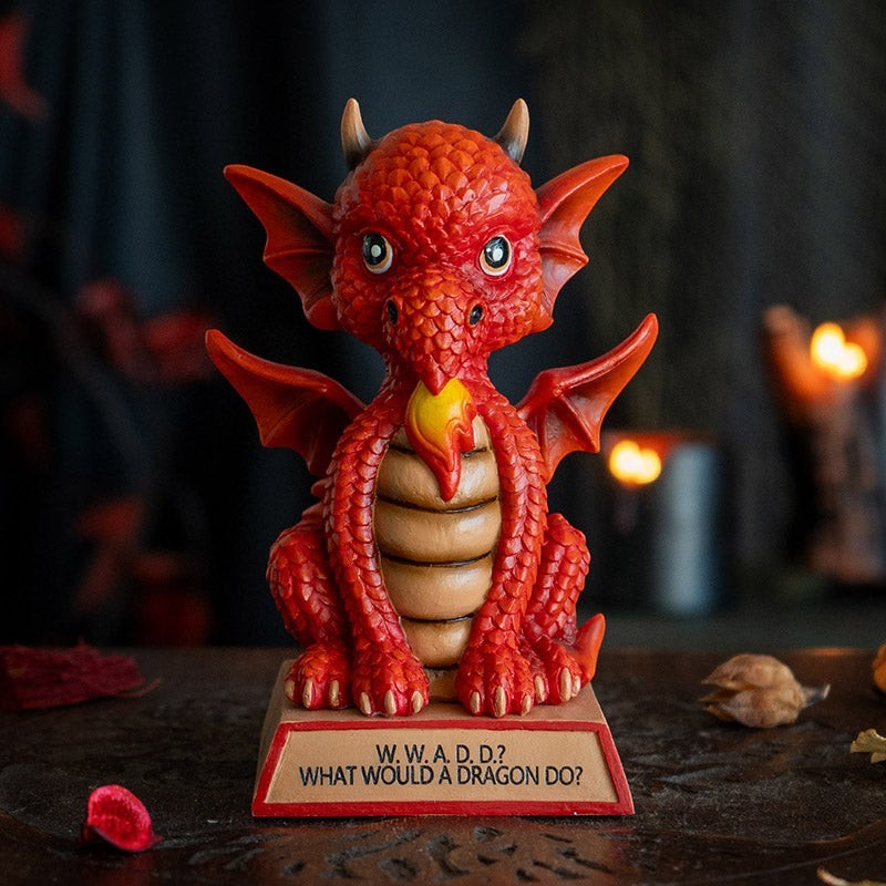 My Store red dragon figurine with wings, detailed scales, and a flame in its mouth. Base reads "W.W.A.D.D? WHAT WOULD A DRAGON DO?"
