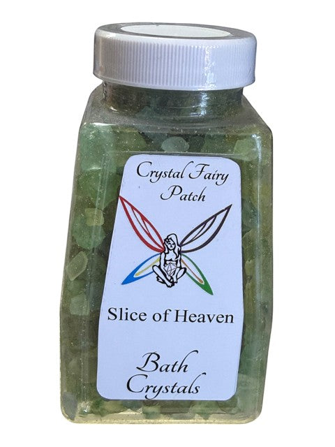My Store Slice of Heaven green bath crystals in a clear jar with a fairy and wings label.