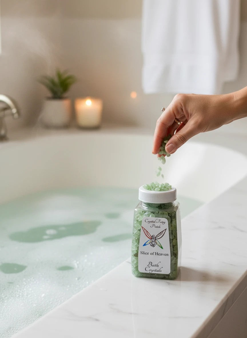 My Store Slice of Heaven Bath Salts, light green bath crystals in a clear jar, being sprinkled into a bubbly bath.