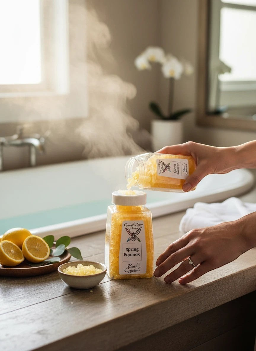 My Store Spring Equinox bath salts being poured into a jar in a steamy bathroom with lemons nearby.