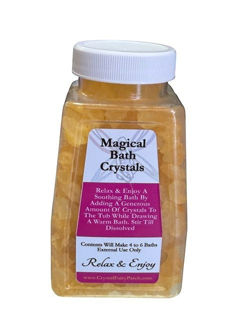 My Store Spring Equinox Bath Salts in a clear jar with yellow crystals. Relax & Enjoy label.