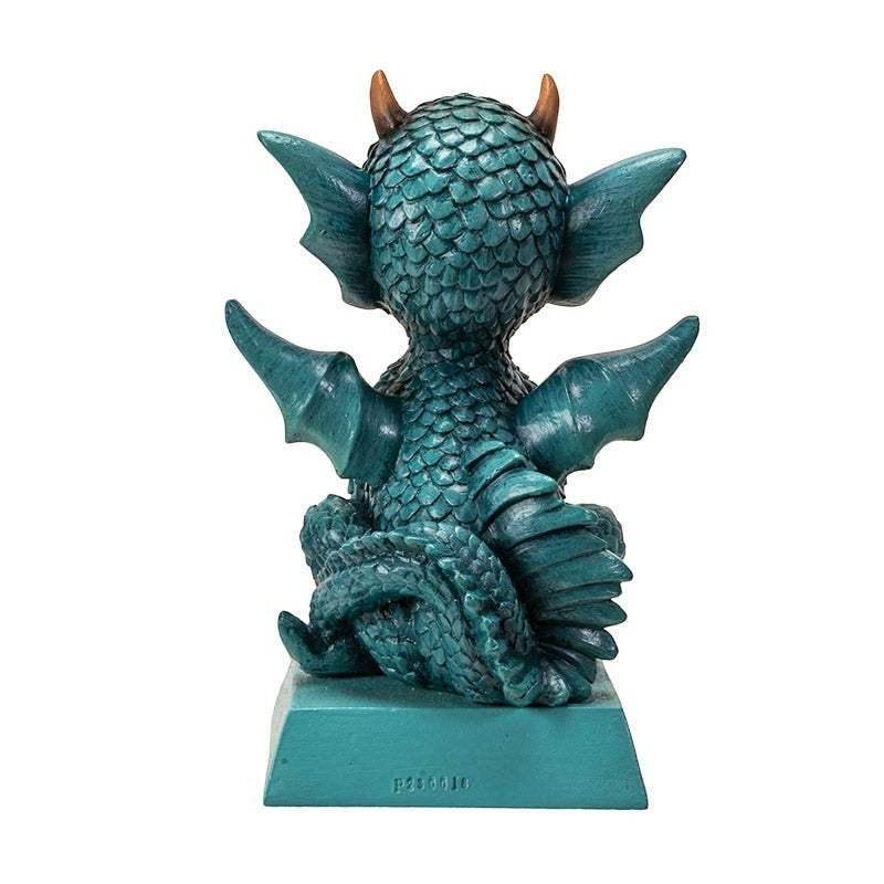 My Store teal blue dragon figurine with intricate scales and wings, inscribed with "You Can Never Have Too Many Dragons".