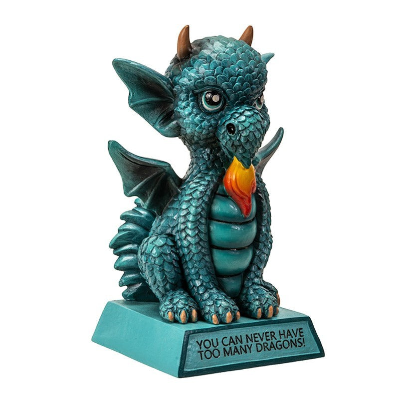 My Store teal blue resin dragon figurine with intricate scales, wings, and a flame detail. Inscribed base reads "You Can Never Have Too Many Dragons".