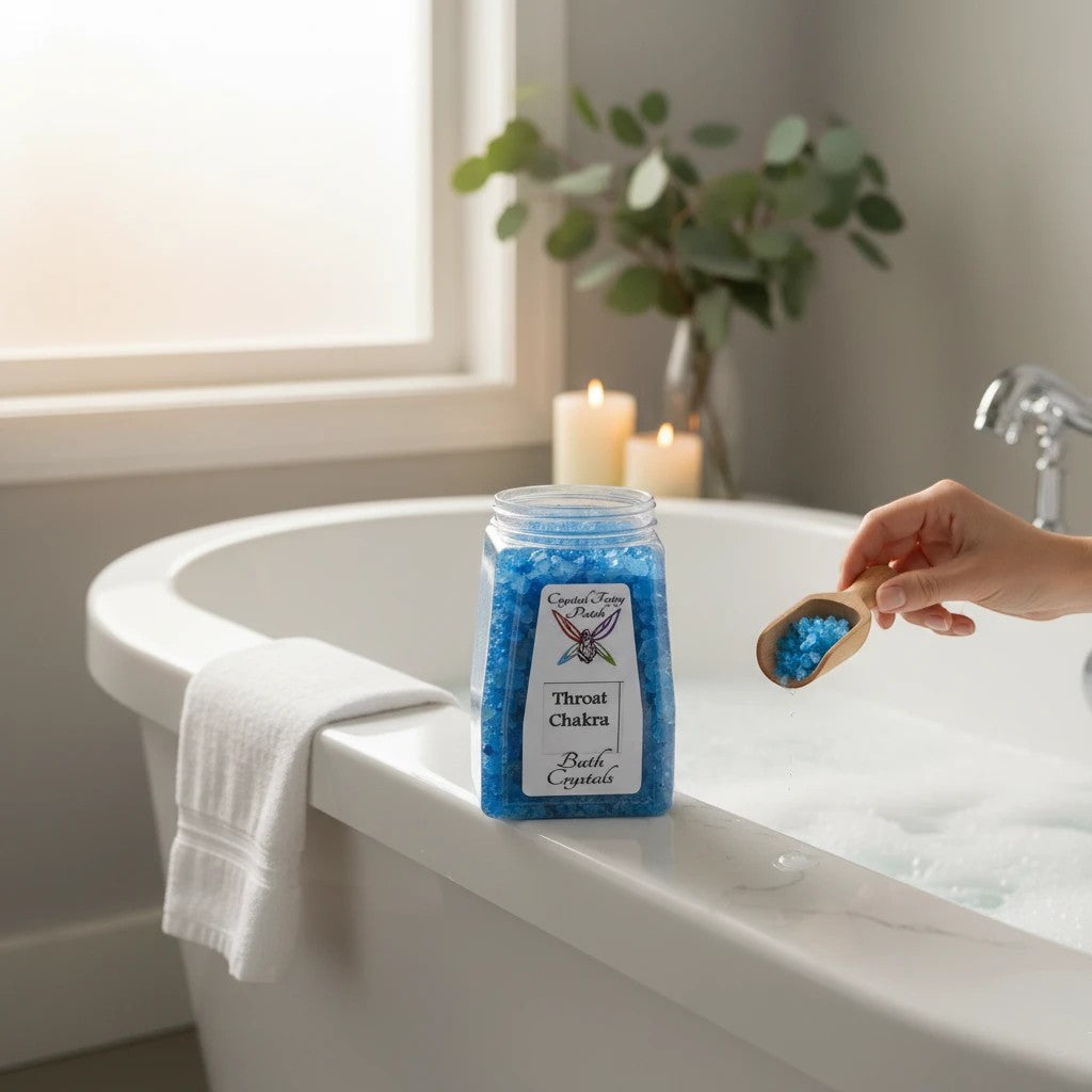 My Store Throat Chakra Bath Salts in blue crystals, used for speaking with love and truth. Bath Crystals in a clear jar on a bathtub edge.