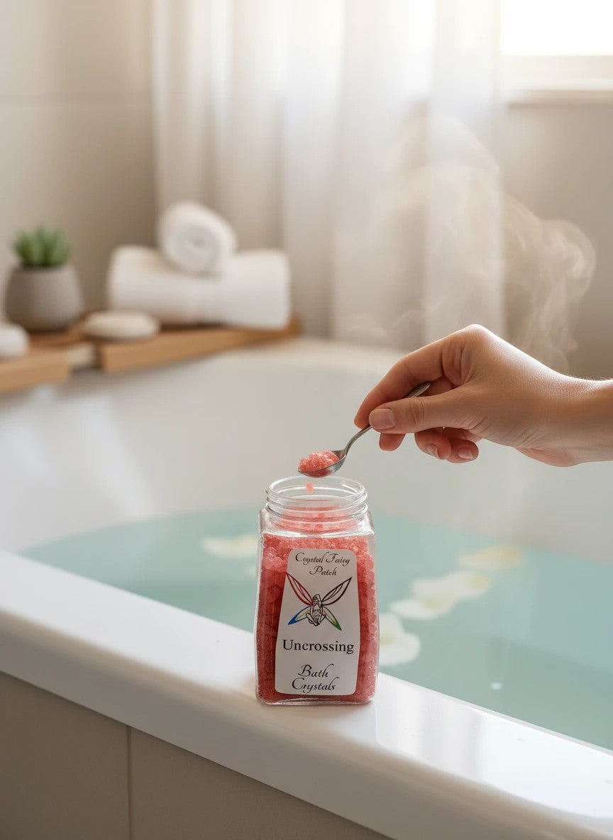 My Store Uncrossing Bath Salts in a jar with a spoon adding crystals to a steaming bath.