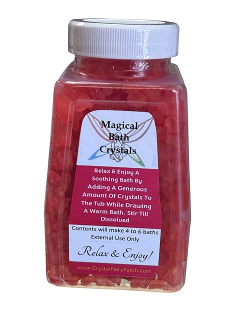 My Store Uncrossing Bath Salts in a clear plastic jar with a white lid, filled with red bath crystals.