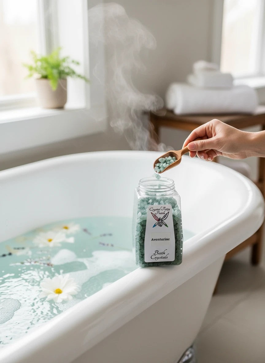 My StoreHere Crystal Fairy Patch Aventurine Bath Salts in a jar next to a bathtub with flowers and steam.