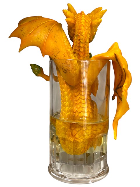 My Store Here yellow "Beer Dragon" figurine by Stanley Morrison, part of the Drinks and Dragons Series, emerging from a glass of beer.