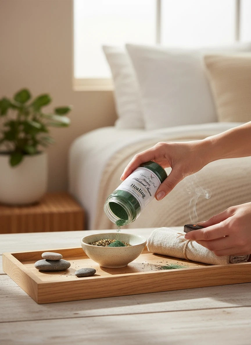 My StoreHere green powdered incense being poured into a bowl for healing body, mind, and spirit.
