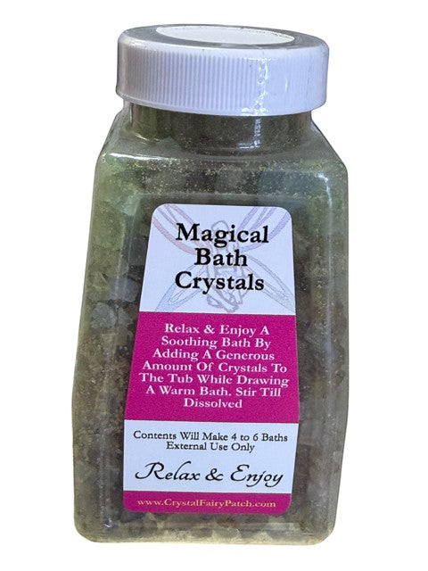 My Store Here Slice of Heaven bath salts in a clear jar with a white lid. Greenish-brown crystals with glittery flecks.