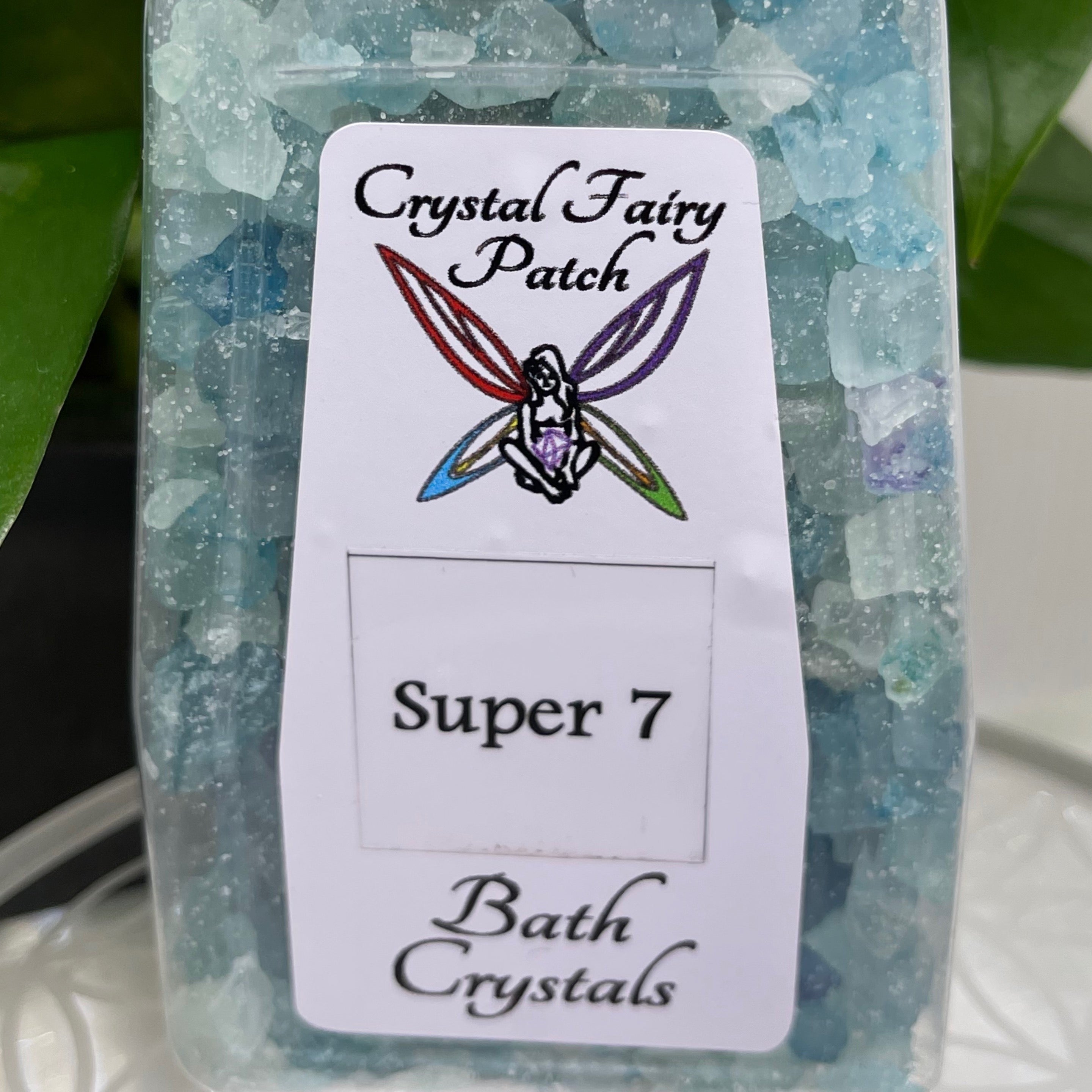 My StoreHere Crystal Fairy Patch Super 7 Bath Crystals in blue and purple hues, aiding spiritual enlightenment.