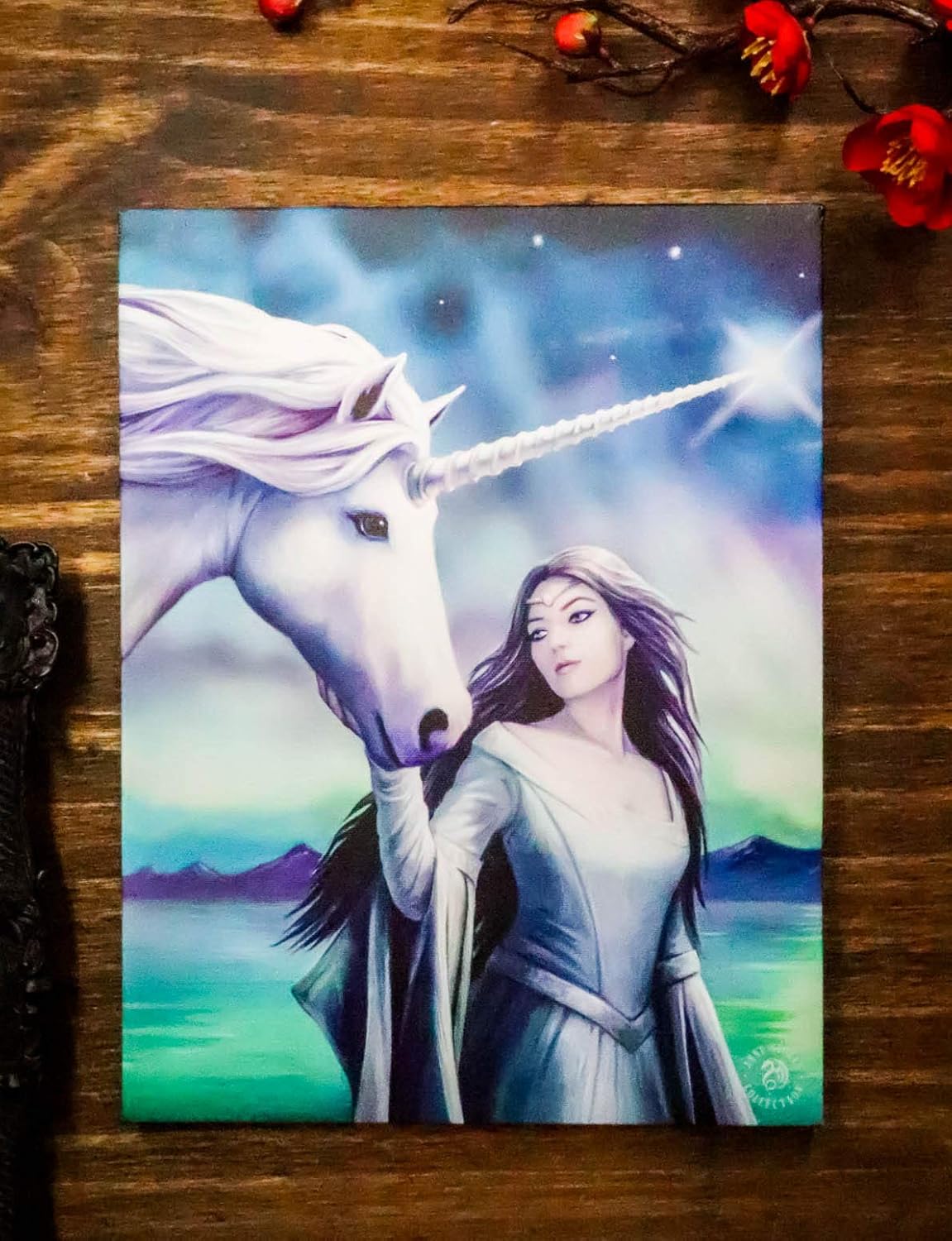 North Star Witch with Unicorn Canvas Framed Wall Art Wall Plaque - Anne Stokes - 7.5" W x 9.85"