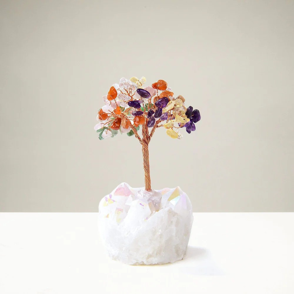 Multi Stone Natural Gemstone Tree of Life with Aura Quartz Base