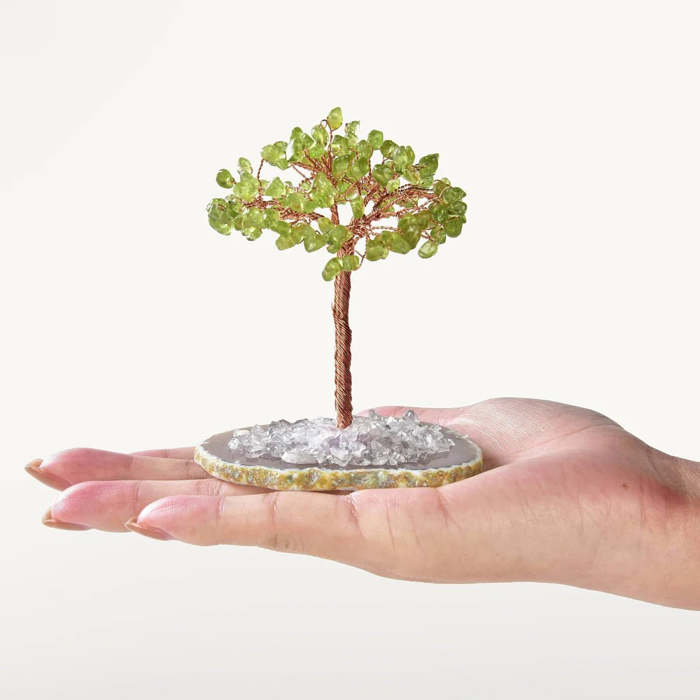 Peridot Natural Gemstone Tree of Life with Agate Base