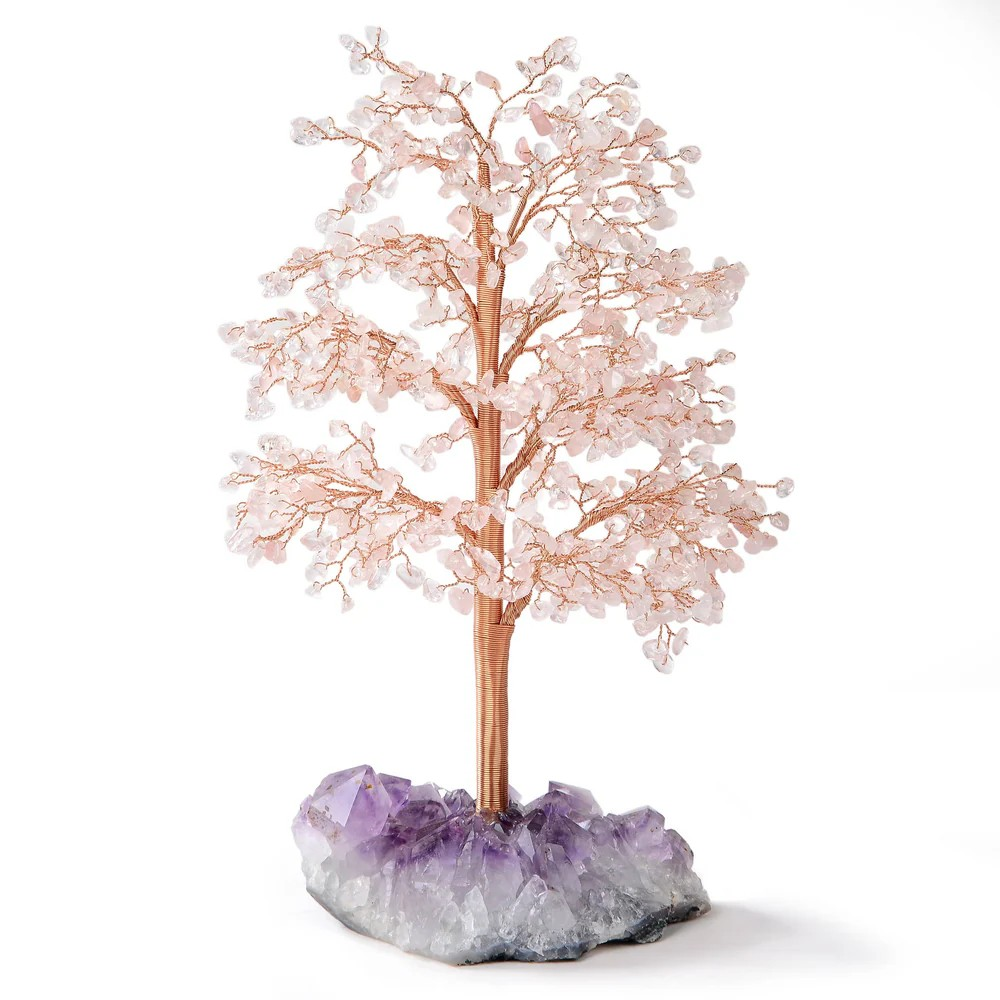 Rose Quartz Tree of Life on Amethyst Geode Base with 728 Natural Gemstones