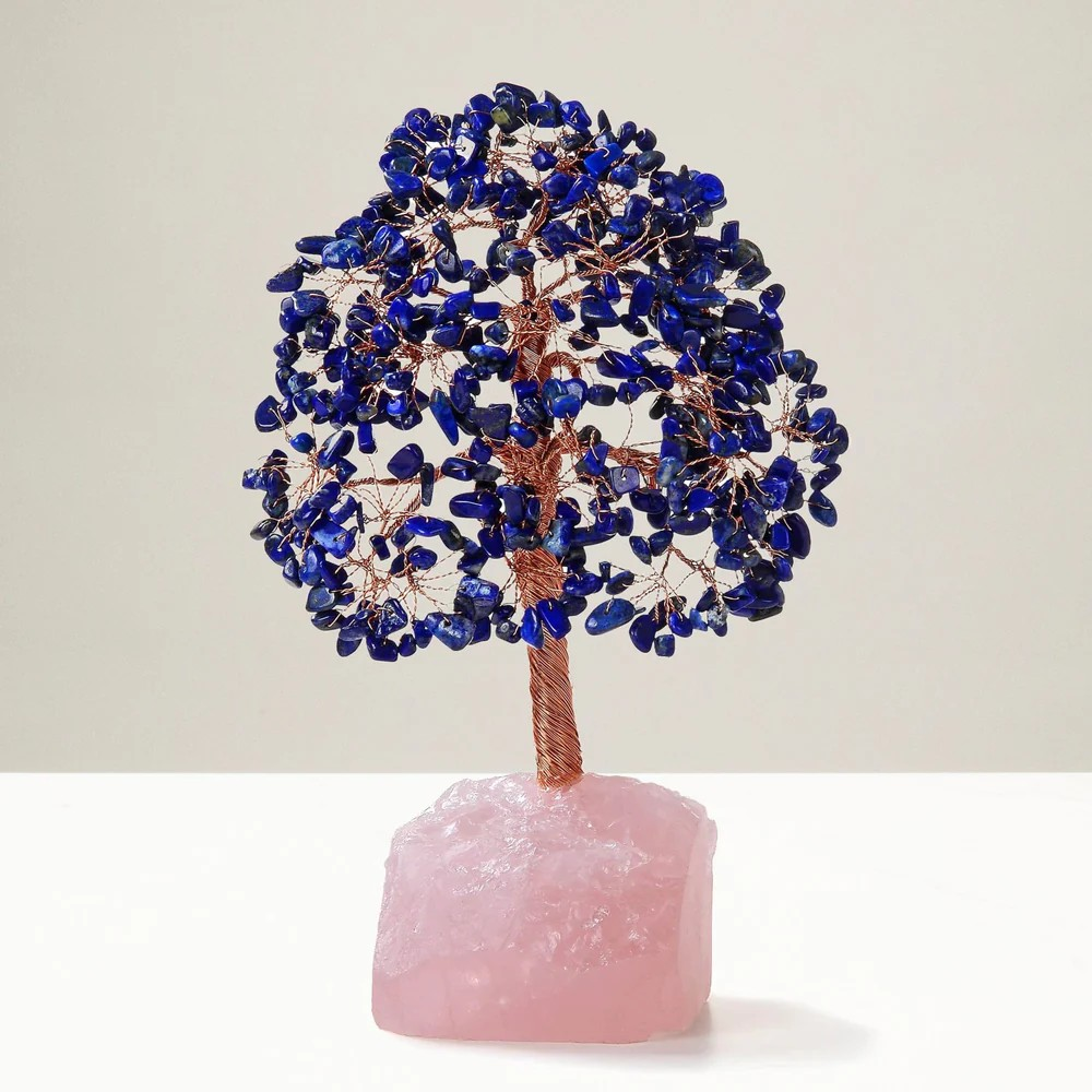 Lapis Bonsai Tree of Life on Rose Quartz Base with 414 Crystals