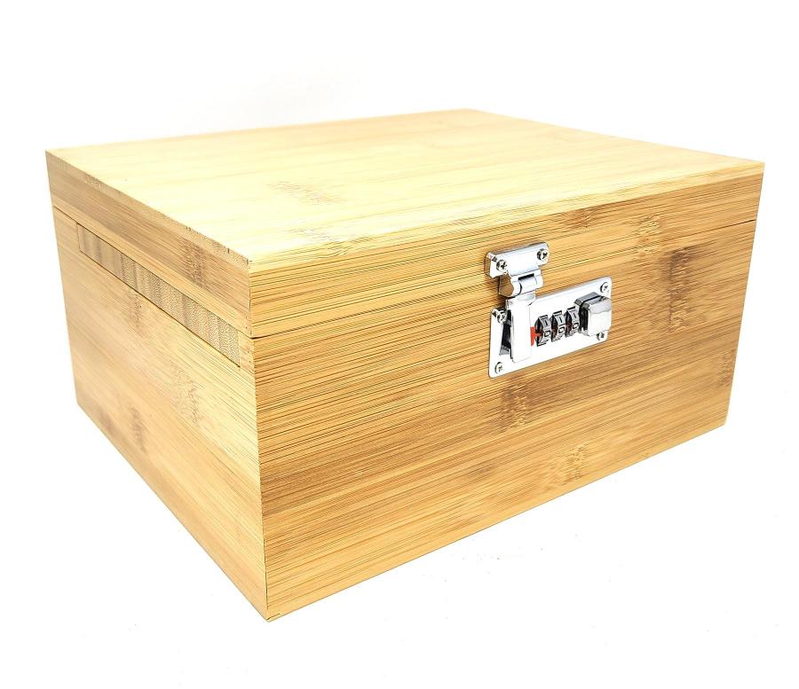 Large Wooden Stash Box with Lock, Sliding Rolling Tray, Brush & 3 Airtight Stash Jars
