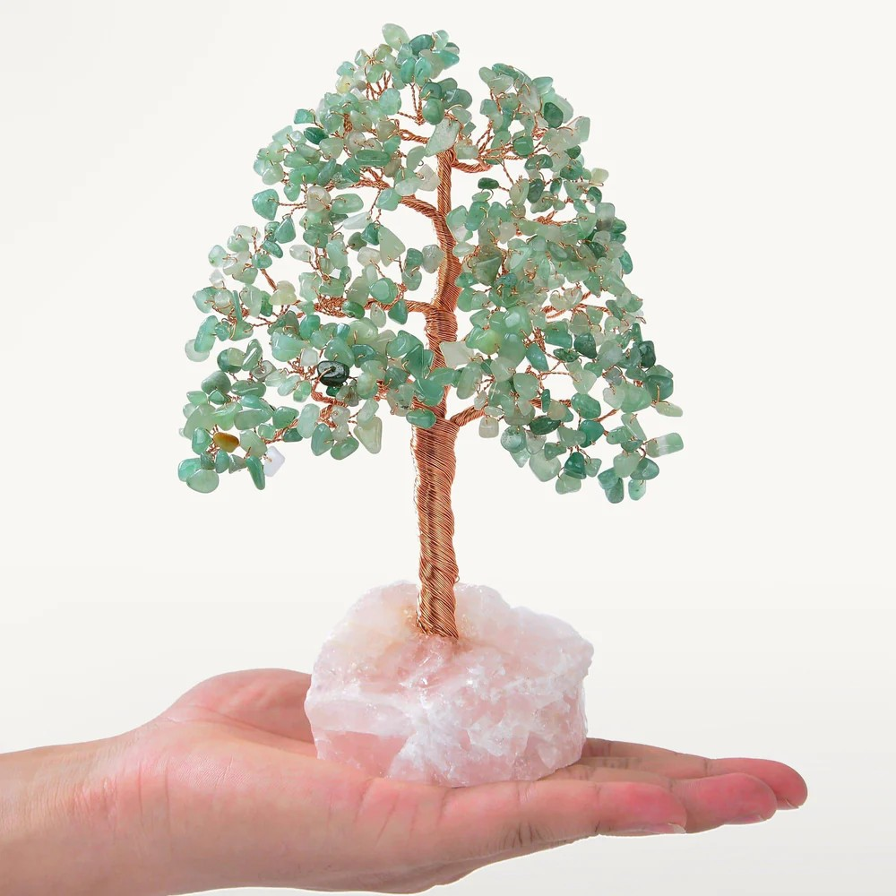 Aventurine Bonsai Tree of Life on Rose Quartz Base with 414 Crystals
