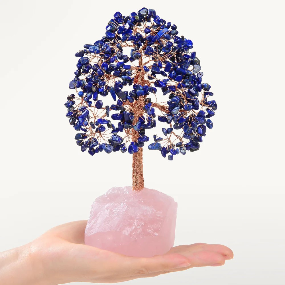 Lapis Bonsai Tree of Life on Rose Quartz Base with 414 Crystals
