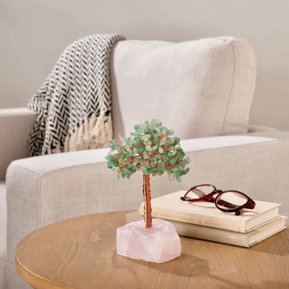 Aventurine Bonsai Tree of Life on Rose Quartz Base with 414 Crystals