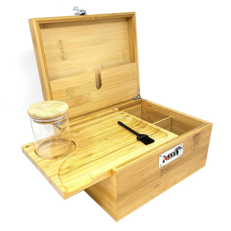 Large Wooden Stash Box with Lock, Sliding Rolling Tray, Brush & 3 Airtight Stash Jars