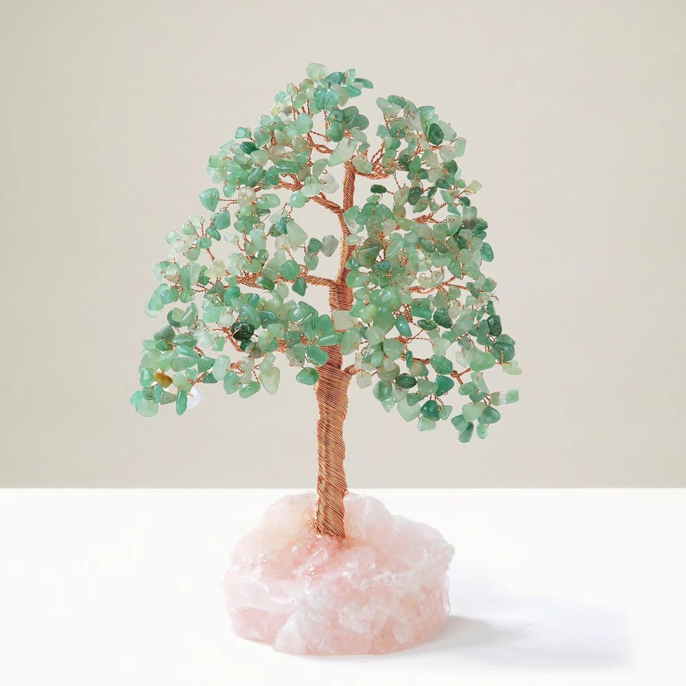 Aventurine Bonsai Tree of Life on Rose Quartz Base with 414 Crystals