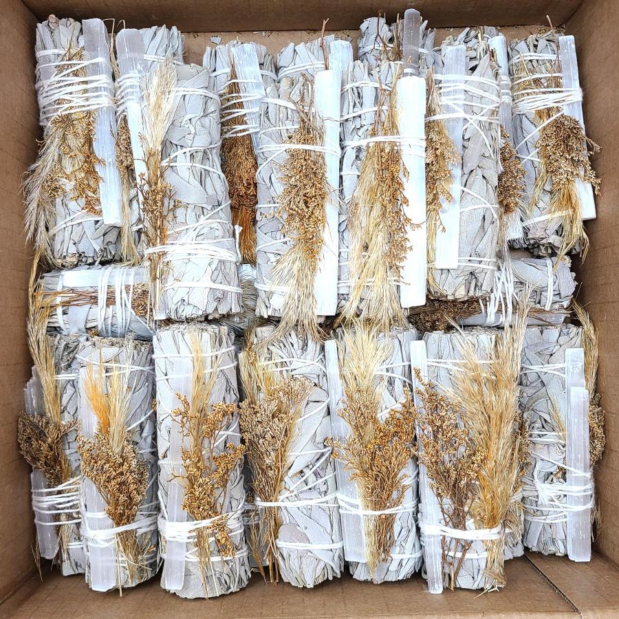 White Sage, Selenite & Orange Floral Smudge Bundles 4"