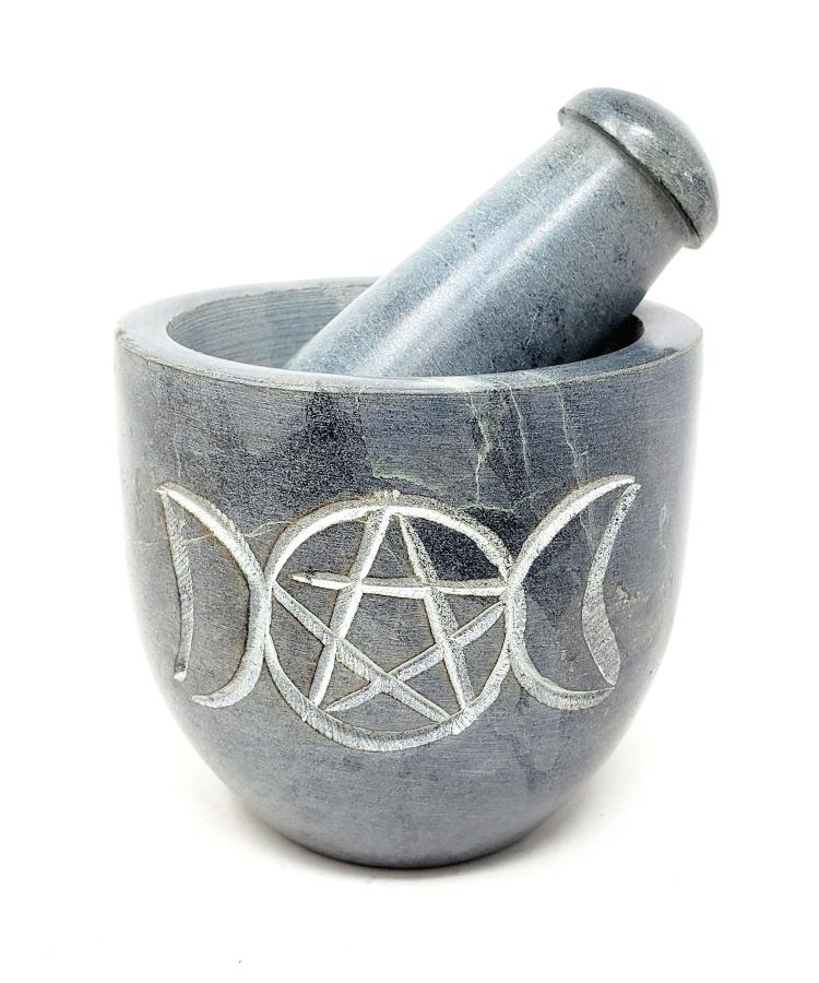 Black Triple Moon Pentacle Pestle & Mortar