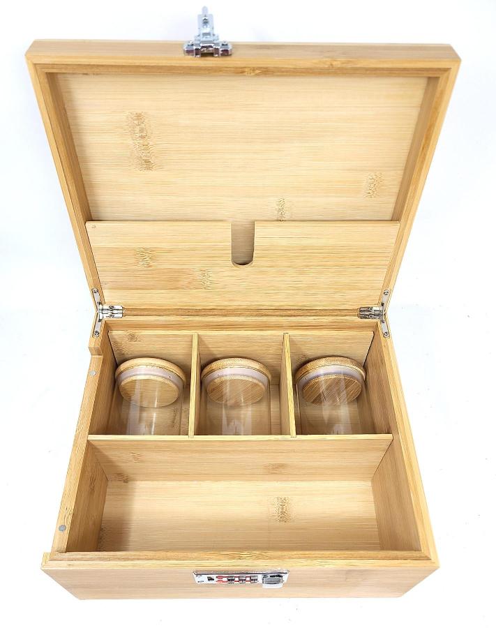 Large Wooden Stash Box with Lock, Sliding Rolling Tray, Brush & 3 Airtight Stash Jars