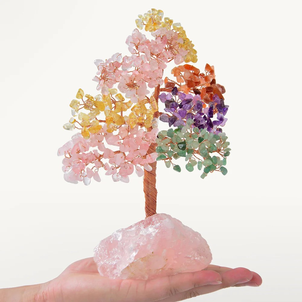 Multi Stone Bonsai Tree of Life on Rose Quartz Base with 414 Crystals
