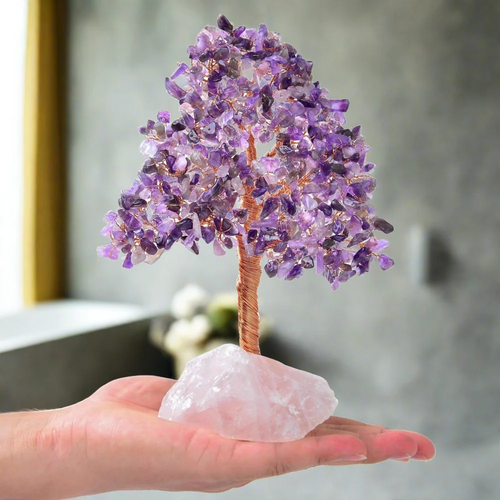 Amethyst Bonsai Tree of Life on Rose Quartz Base with 414 Crystals