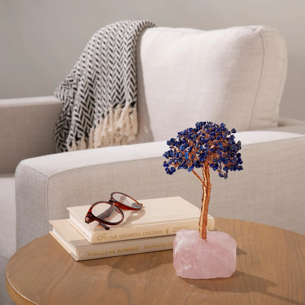 Lapis Bonsai Tree of Life on Rose Quartz Base with 414 Crystals