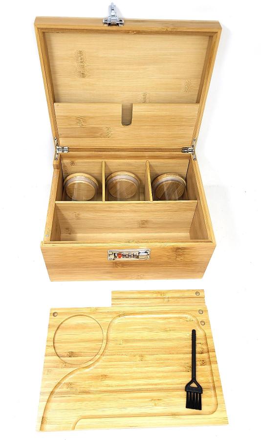 Large Wooden Stash Box with Lock, Sliding Rolling Tray, Brush & 3 Airtight Stash Jars