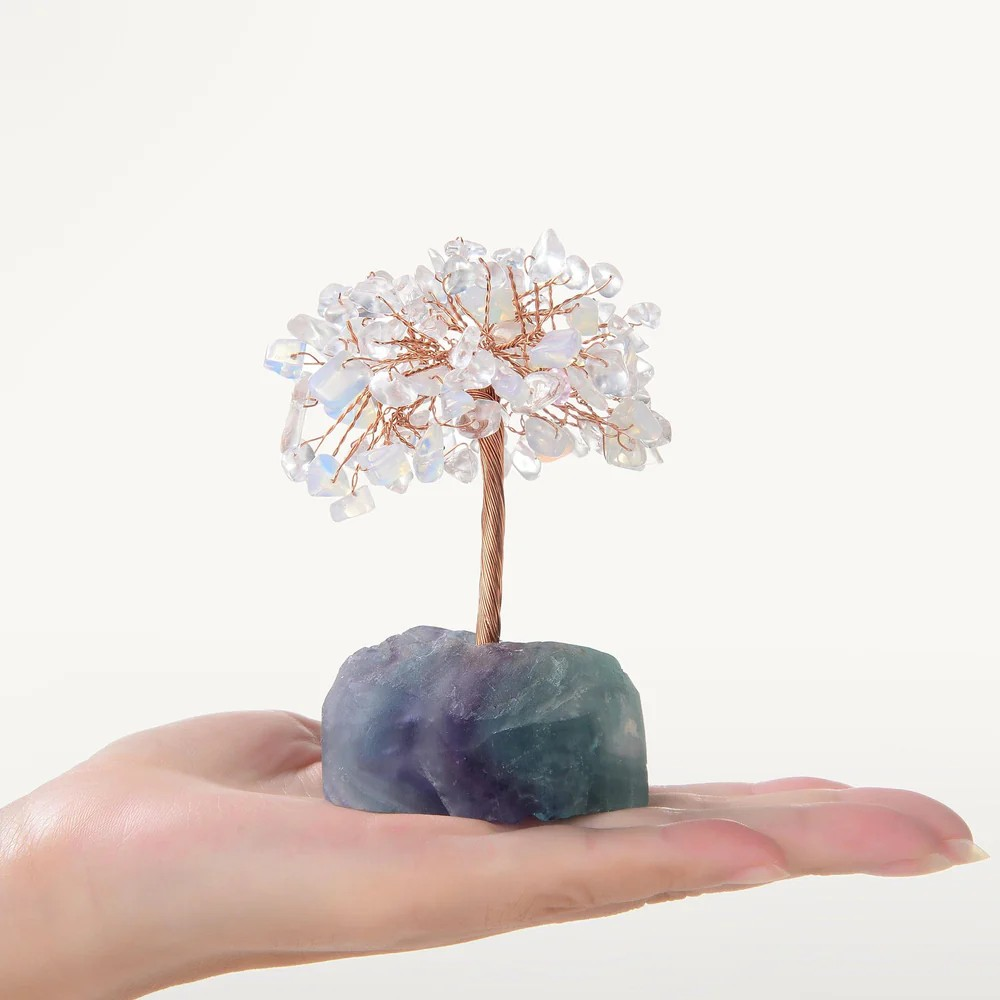 Opalite and Quartz Gemstone Tree of Life with Fluorite Base