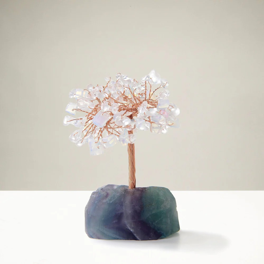Opalite and Quartz Gemstone Tree of Life with Fluorite Base